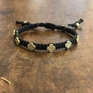 TAI Black Cotton Cord Bracelet with Gold Clover